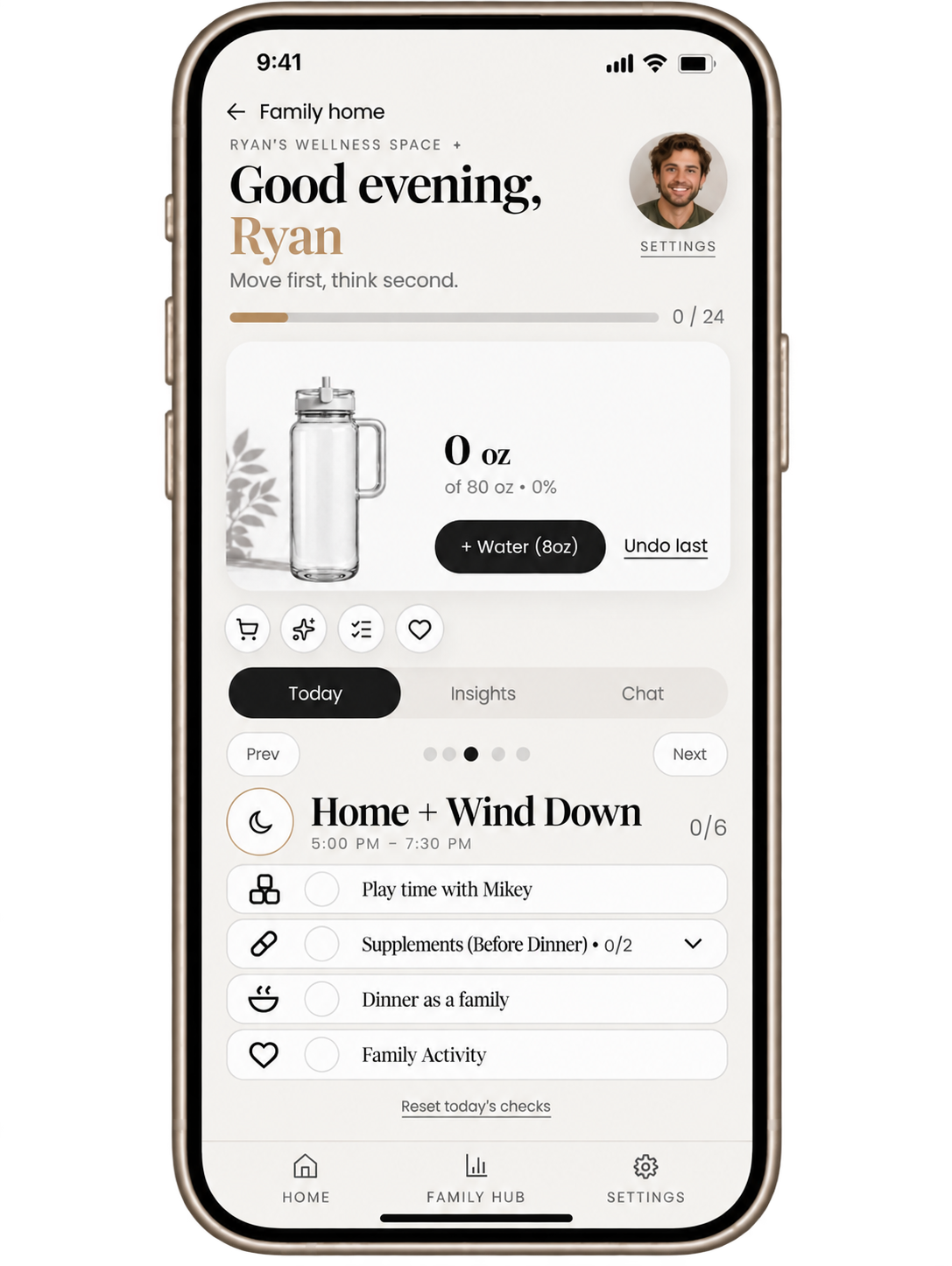 The Wellhome app on an iPhone, showing Dad's wellness space