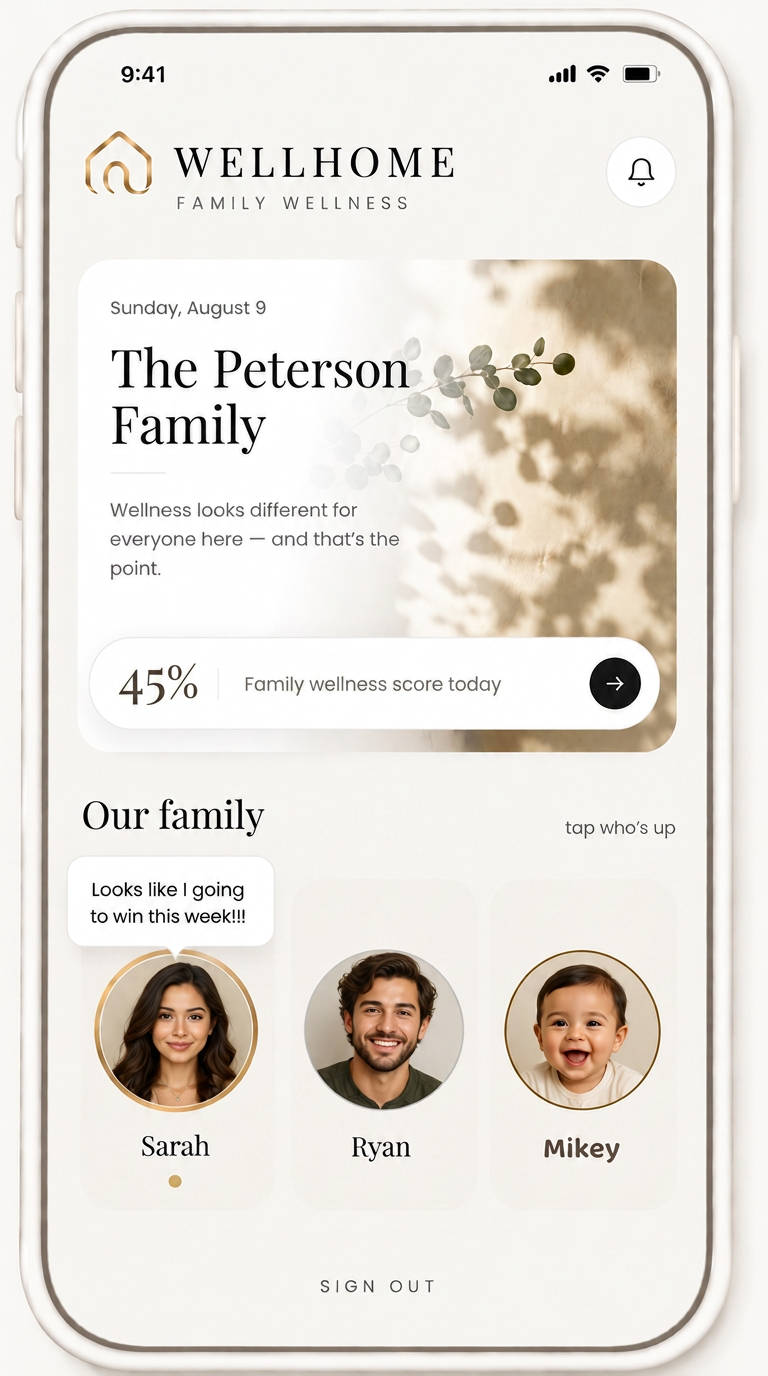 The Wellhome app home dashboard on an iPhone, showing the family wellness score and each family member's circle